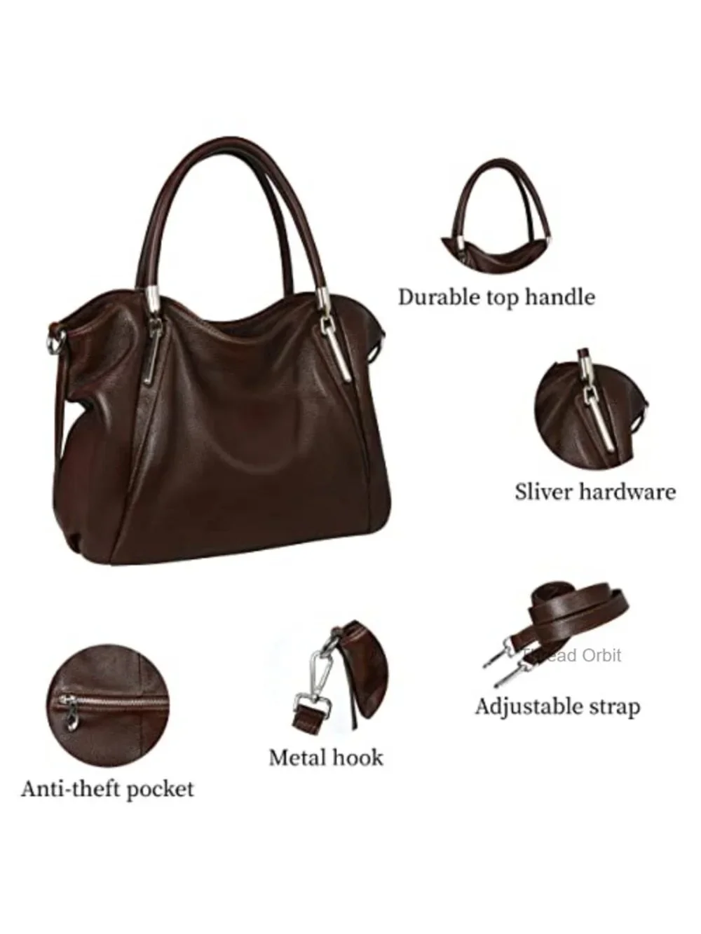 Genuine Leather Hobo Tote Bag with Detachable Crossbody Strap
